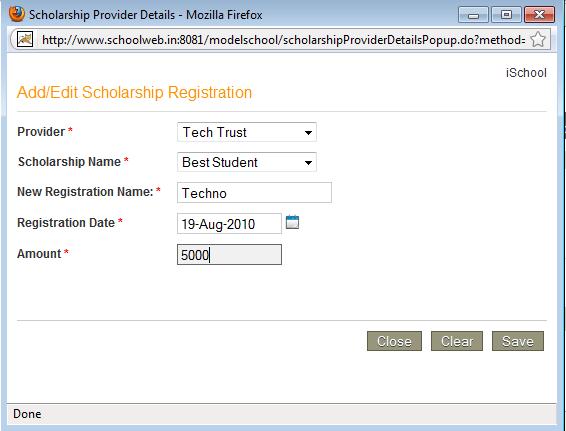 18. Select the name of the Provider. 19. Select the Scholarship Name. 20. Enter the New Registration Name. 21. Select the Registration Date from the calendar. 22. Enter the Scholarship Amount.