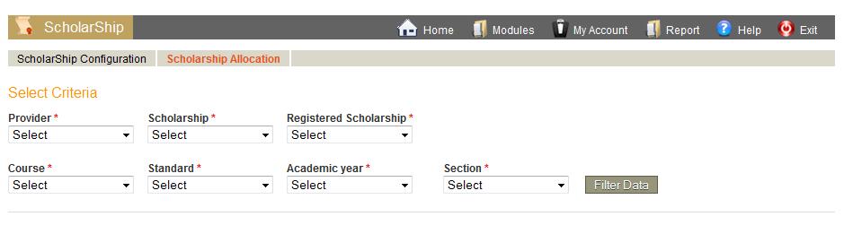 14.2 Scholarship Allocation In Scholarship Allocation sub- menu, the scholarship amount is allotted to any deserving student of a school. 1. Click the scholarship allocation sub menu.