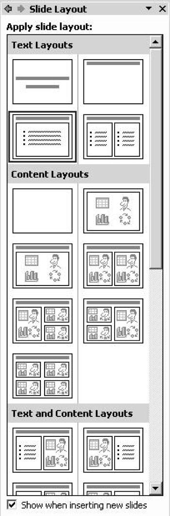 Add New Slides Click the cursor where you want to insert a slide. In the Insert menu choose New Slide.