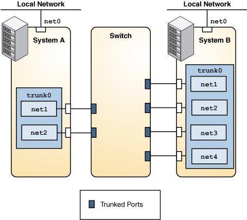 Trunk Aggregations FIGURE 2 Trunk Aggregation Using a Switch The two systems are connected by a switch. System A has a trunk aggregation that consists of two datalinks, net1 and net2.