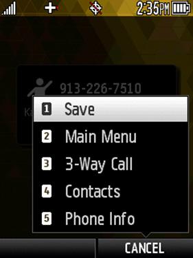 Phone Calls Make a Phone Call 1. Enter a number from standby mode. 2. Press to dial the contact number. 3. Press to end the call.