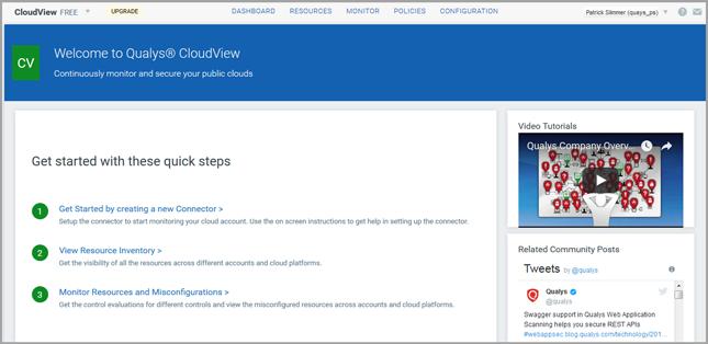 CloudView Free The Quick Start Guide appears with 3 quick steps to securing your public clouds.