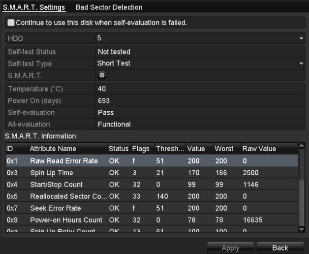Figure 12. 27 S.M.A.R.T Settings Interface The related information of the S.M.A.R.T. is shown on the interface. You can choose the self-test types as Short Test, Expanded Test or the Conveyance Test.
