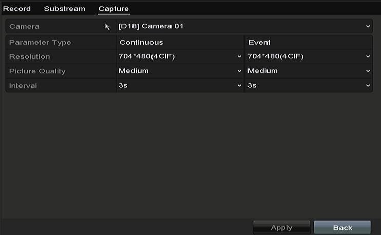 4. Parameters Settings for Capture 1) Select the Capture tab. Figure 5. 6 Capture Parameters 2) Configure the parameters. 3) Click Apply to save the settings.