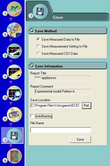 Chapter 11 Using the Save Page to Save Setting Information and Measured Data 11.1 Saving Setting Information and Measured Data Procedure 1. Select the icon in the menu area. The Save submenu appears.