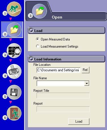 Chapter 5 5.1 Loading Setting Information and Measured Data Procedure Using the Open Page to Load Setting Information and Measured Data 1. Select the icon in the menu area. The Open submenu appears.