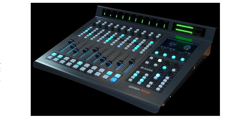Oxygen 3000 digital broadcast console with 10 faders. IN: 5 mic (+48V), 6 analog stereo, 1 digital, 1 tuner, 2 USB-audio, Bluetooth.