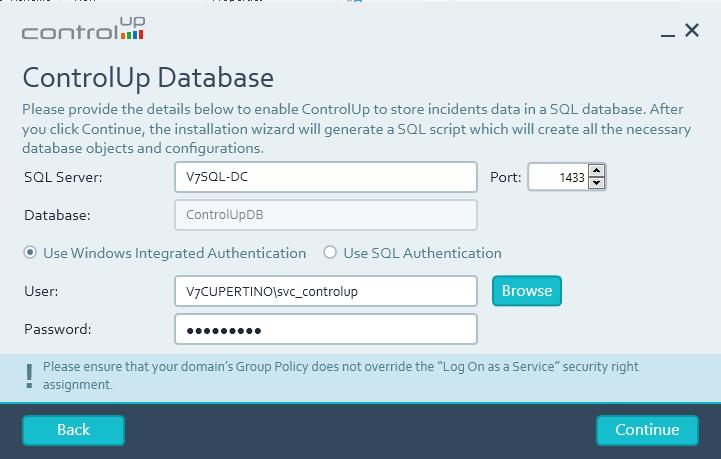 ControlUp Database Figure 11: Select the SQL server (and instance if exists), define