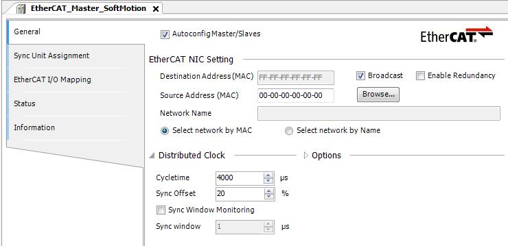 Double click the task having [EtherCAT_Master_SoftMotion.EtherCAT_Task] (MainTask in case of the picture below) to open configuration window.