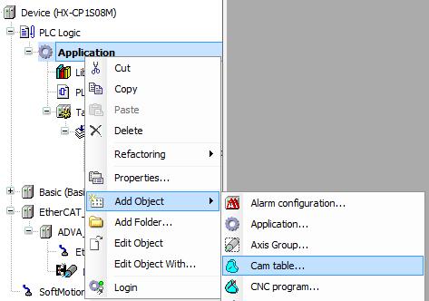 Chapter 6 Multi-Axis Control 6.1 Cam Synchronization 6.1.1 Cam Table Definition Right click on [Application] and choose [Add Object]-[Cam table.