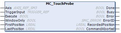 Chapter 7 Function Blocks for Motion Control 7.4 PLCopen Part 2 for Single-Axis 7.4.1 MC_TouchProbe Name Description Type MC_TouchProbe This FB is used to record an axis position at a trigger event.