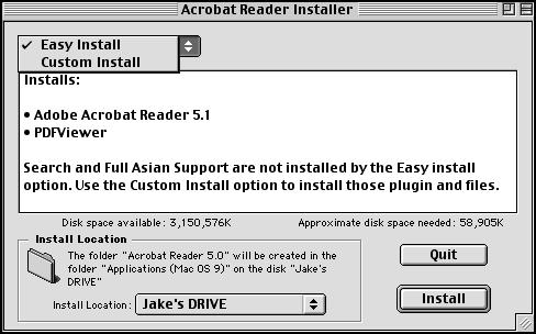 Installing Adobe Acrobat Reader (continued) Fig. 45 Select Installation. Click Install. Fig. 46 Caution Window; click Quit Applications.