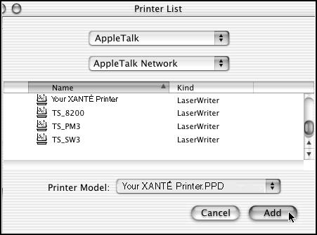 Macintosh-OS X Installation (continued) Fig. 125 Select AppleTalk, AppleTalk Network, your printer, and your printer s PPD; then, click Add.