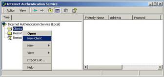 Select Start -> Programs -> Administrative Tools -> Internet Authentication Service 2. Right-click on Clients, and select New Client. Figure 56: Group Policy Screen 8.