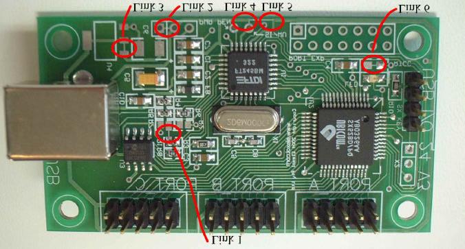 USB I/O Version Datasheet Location of Links on USB I/O PCB for various configuration setups Link = remove link to use FTDI chip in Self Powered mode. Also remove components C0 and FB.