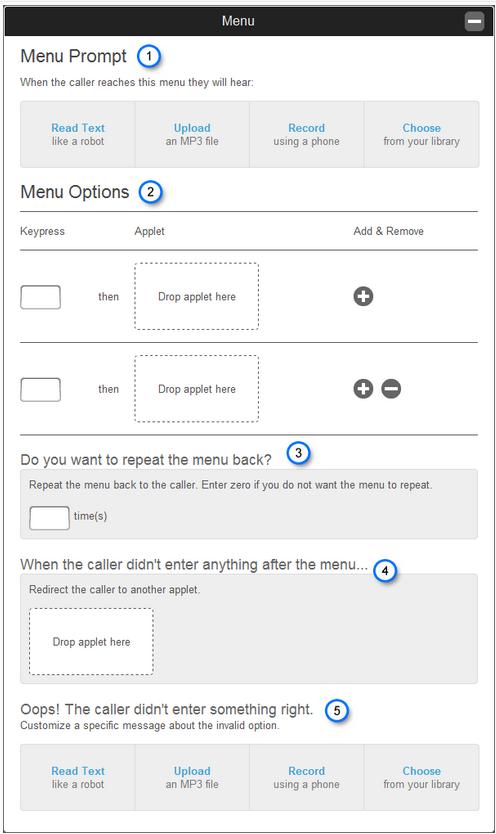 Menu Prompt Options Menu Prompt This section works just like the Greeting applet described in the previous section.