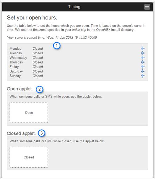 Timing Applet Adding the Timing applet allows you to create operating hours for call flows.