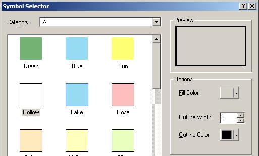 9. Turn on the neighborhoods layer and go to its symbology properties. Use the Hollow scheme (no fill color, with an outline), and make the outline width thicker (e.g., 2) as shown below: 10.
