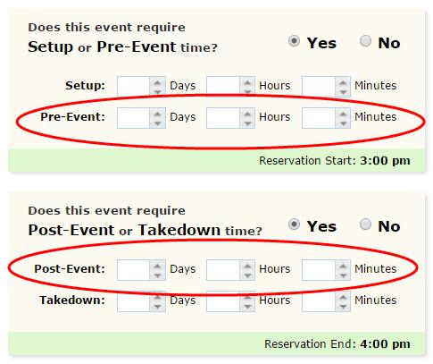 If you need any extra time before or after the event time to Pre-Event or Post-Event, add this time in by clicking Yes.