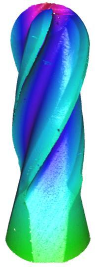 Fig. 3: 3D dataset of a measured micro milling cutter. The colors represent the distance to the tool axis. Fig. 4: Extracted profile contour of the measured micro milling cutter.
