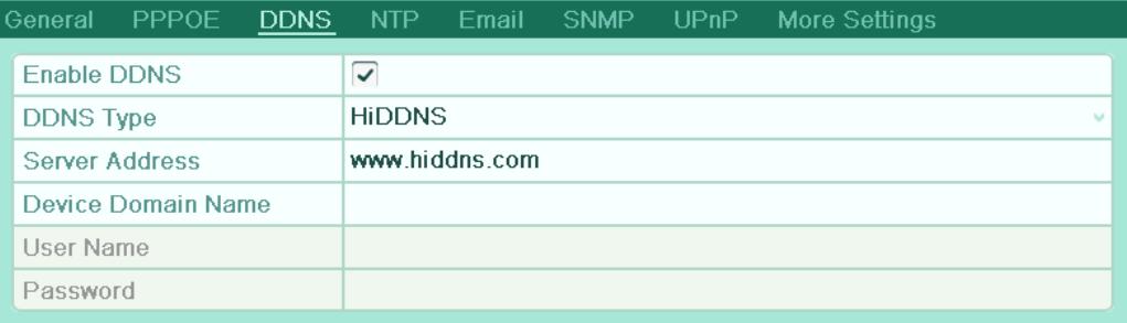 1) The Server Address of the HiDDNS server appears by default: www.hiddns.com. 2) Enter the Device Domain Name.