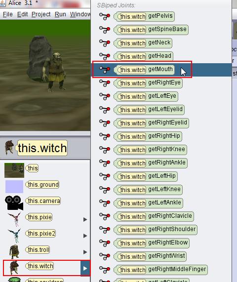 Click the Edit Code button to go to the Code editor. 2. Select the Witch s Mouth from the instance menu. 3. Drag the turn procedure into myfirstmethod. Select arguments: FORWARD 0.125. 4.