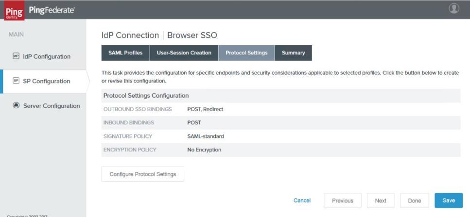 The Protocol Settings tab page appears as shown in Figure 15. FIGURE 15. Browser SSO Protocol Settings Tab Page 13.