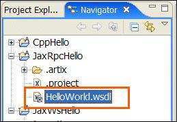 Tutorial 3: WSDL First, Starting With Boilerplate WSDL In Navigator, under JaxRpcHello, the icon for HelloWorld.wsdl now indicates a link, as shown in Figure 19. Figure 19: HelloWorld.