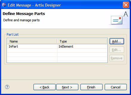 Tutorial 3: WSDL First, Starting With Boilerplate WSDL 5. In the Message Part Data dialog, do the following: i. For Name, type InPart. ii. For Type, select InElement. iii.