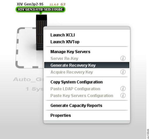 The recoery key allows access to an encryption-enabled XIV system wheneer the key serer is unreachable upon system startup. a. Right-click the XIV system and select Generate Recoery Key from the menu.