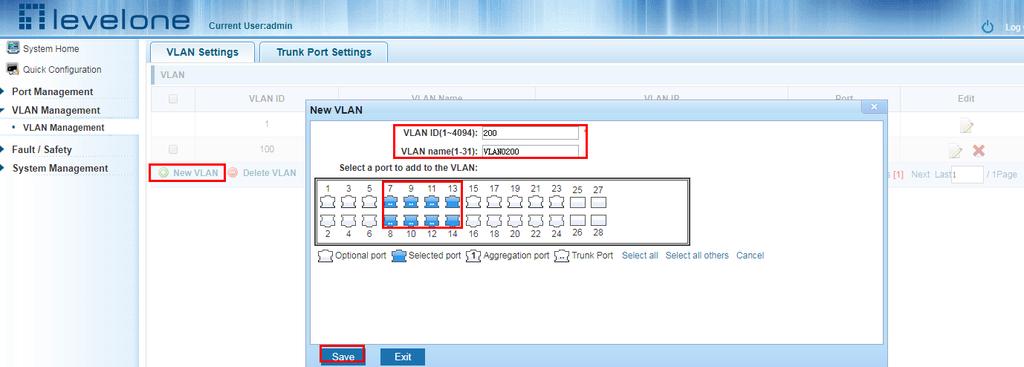 3.VLAN IP address: Displays the switch's management IP; 4.Port: Displays the port VLAN that exist. 5.By default, all ports belong to VLAN 1.