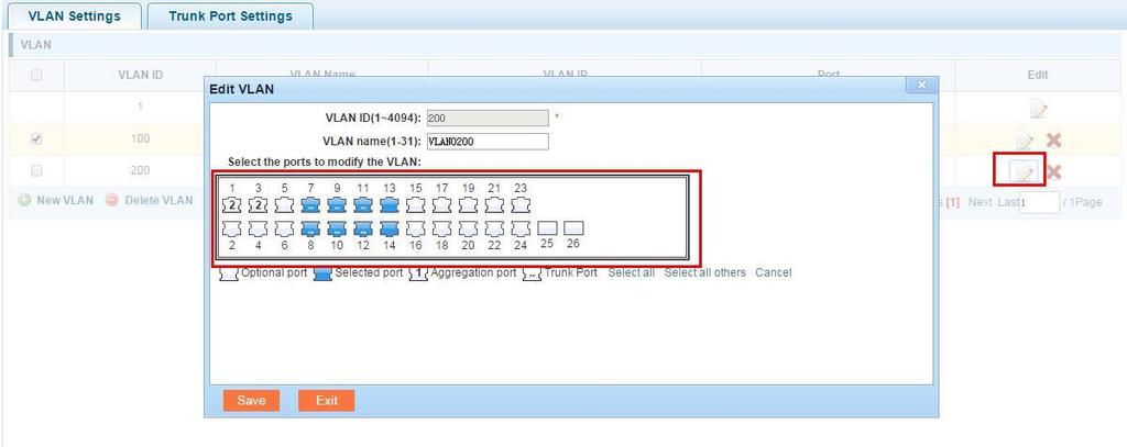 1.4 EDITING VLAN 4.1.4.1 Port to a VLAN Click on the icon can be added to the selected port in the VLAN: Figure 4-5: Add the port to the VLAN Add the port to