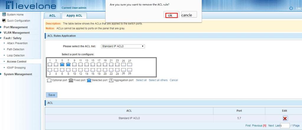 3 Delete application ACL Click to delete the application rule on the right side, cancel the