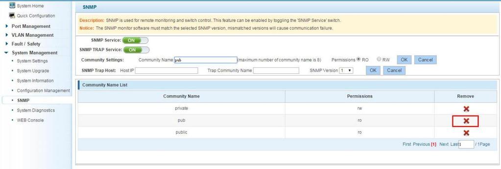 7 DELETE THE COMMUNITY NAME Click on the "System Management" "SNMP", in the