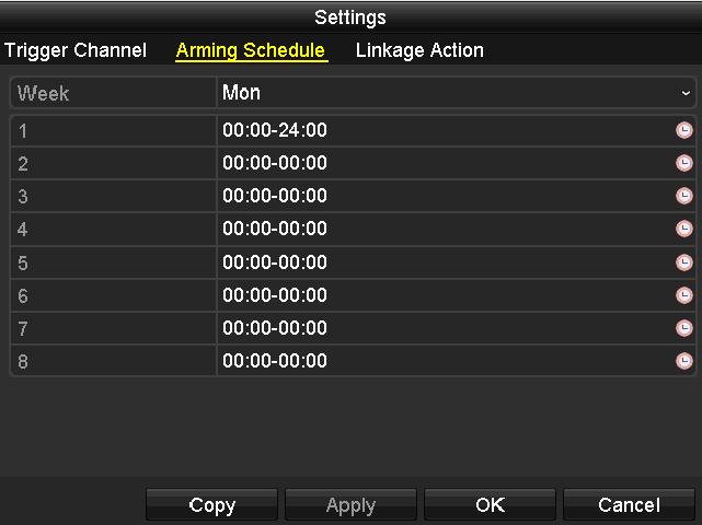 Figure 8. 16 Set Arming Schedule of VCA Alarm Choose one day of a week, and up to 8 time periods can be set within each day. Click Apply to save the settings.