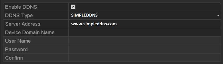 7 NO-IP Settings Interface SIMPLEDDNS: 1) The Server Address of the SIMPLEDDNS server appears by default: www.simpleddns.com. 2) Enter the Device Domain Name.
