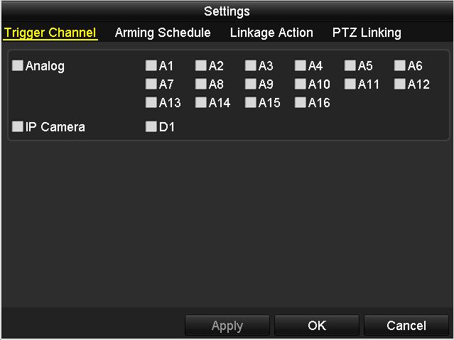 Figure 5. 20 Set Trigger Cameras for VCA Alarms The PTZ Linking function is only available for the VCA settings of IP cameras. 4.