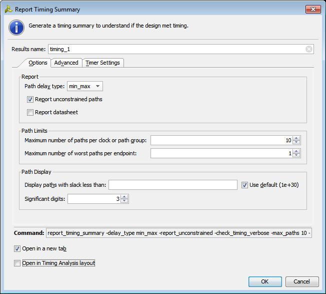 Step 5: Performing Pre-Placement Timing Analysis Figure 15: Report Timing Summary 2. 3. Examine the options on the Advanced and Timer Settings tabs.