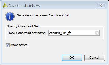 Step 4: Floorplanning the Design Figure 51: Saving a new Constraint Set 15. Save the new constraint set as constrs_usb_fp, for the usbengine floorplan. 16.