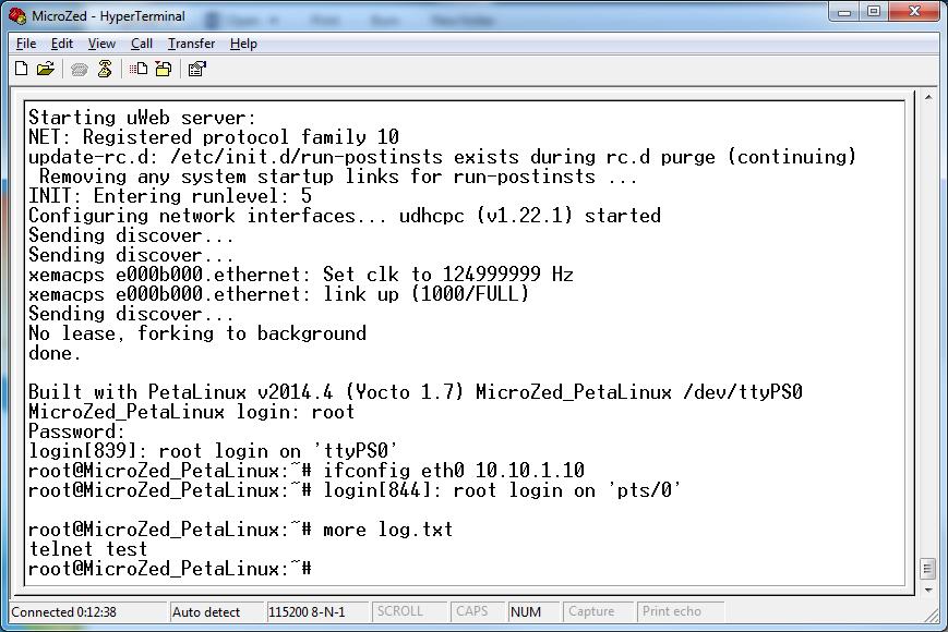 9.2 Telnet Windows 7 Host. C:\ telnet 10.10.1.10 Type root for Login. Type root for Password. Write telnet test to log.