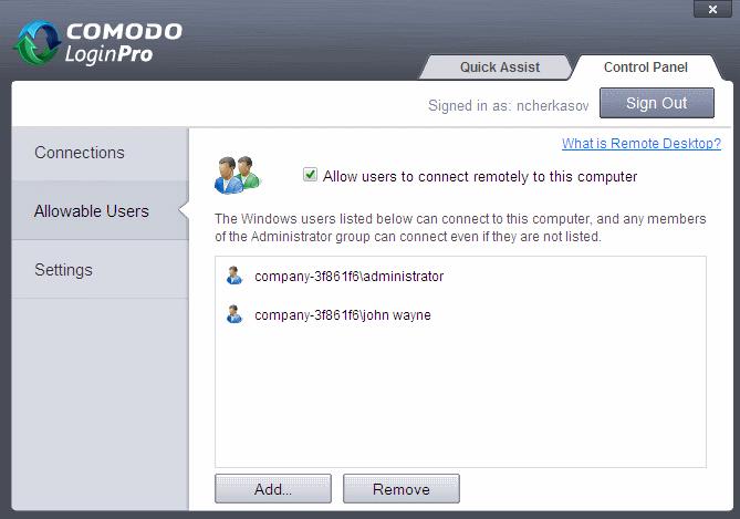 4.2.Allowable Users The 'Alllowable users' area lets you view and specify exactly which users are able to connect to this computer.