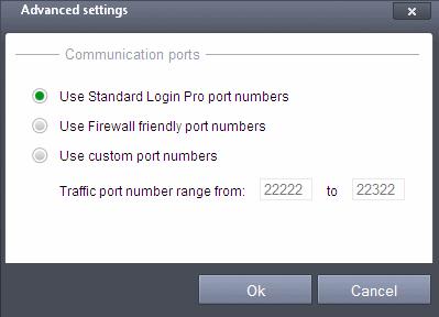 Use Standard LoginPro port numbers - This option is selected by default and LoginPro will use hardcoded ports to establish connectivity.