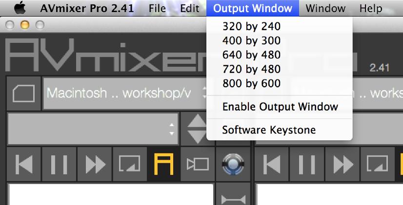 Output Window Note: In order to send fullscreen video to a projector or a hardware mixer, your computer s graphics card must have an extended desktop capability and an video output port (DVI, VGA, or