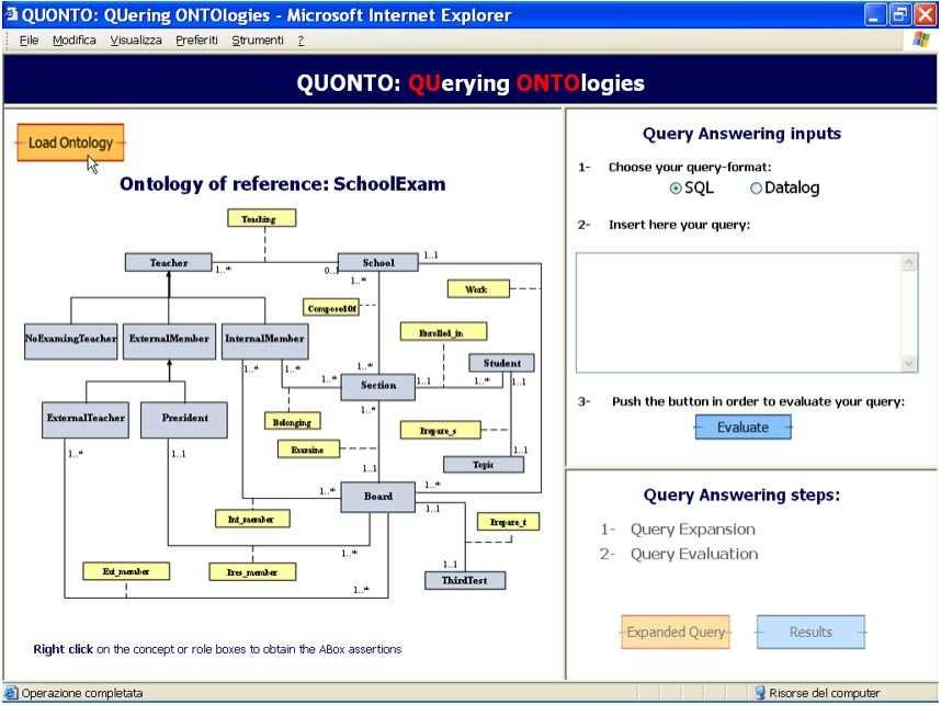 Fig. 2. Screenshot of the QUONTO query answering tool storage and the query evaluation step.