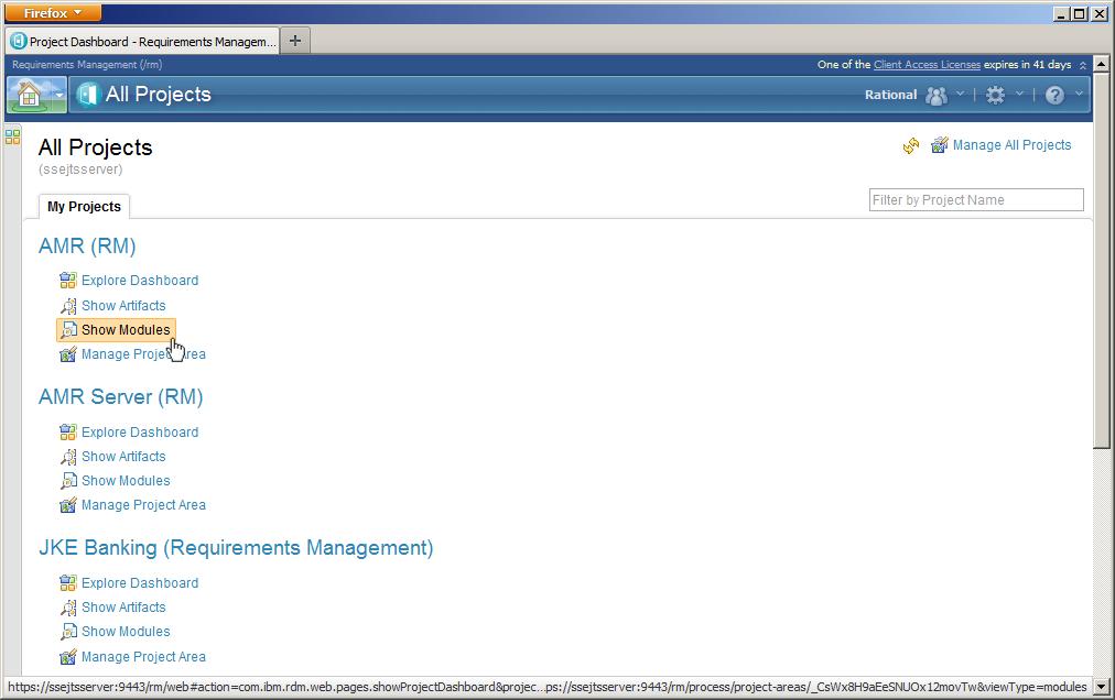 Opening the AMR (RM) project area You will now open and explore the requirements modules in the