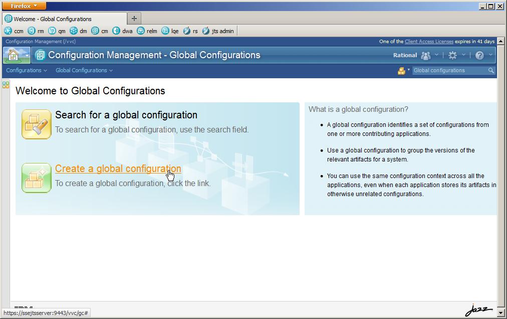 Open a new tab in your browser and choose the cm bookmark to open the IBM Rational Configuration Management.