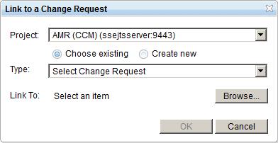 6. In the Link to a Change Request dialog, choose the AMR (CCM) project. Click the Browse button to look up the change request. 7.
