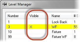2 In the Level Manager dialog box, click in the Number column for level 3: WF to change it to the main level. 3 Select the Visible column for 10: Fixture, 1: Lock Back, and 3: WF.