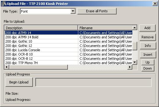Kiosk TTP 2100 Firmware Version 4.02 15 In the Upload File dialog box, change the File Type to Font. The Zebra fonts are already included with Toolbox.
