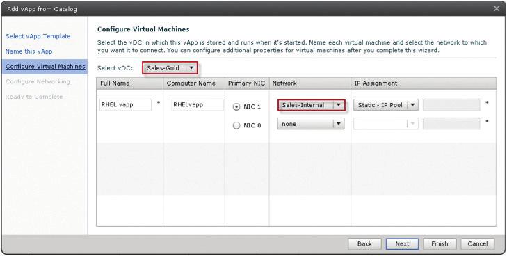 Figure 5-8-3. Select Organization VDC and Organization Networks. 5. Click Next in the Configure Networking screen. Leave Fence vapp unchecked. 6.